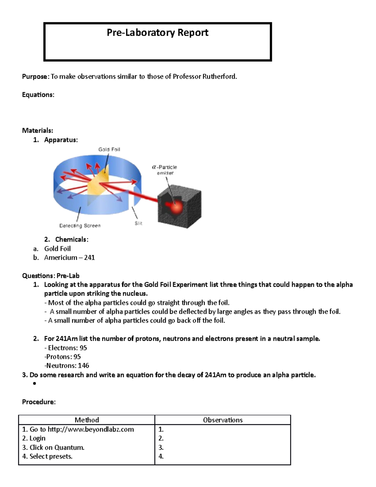 CHM 2045L Pre-Lab Report Guidelines for Gold Foil Experiment - Studocu