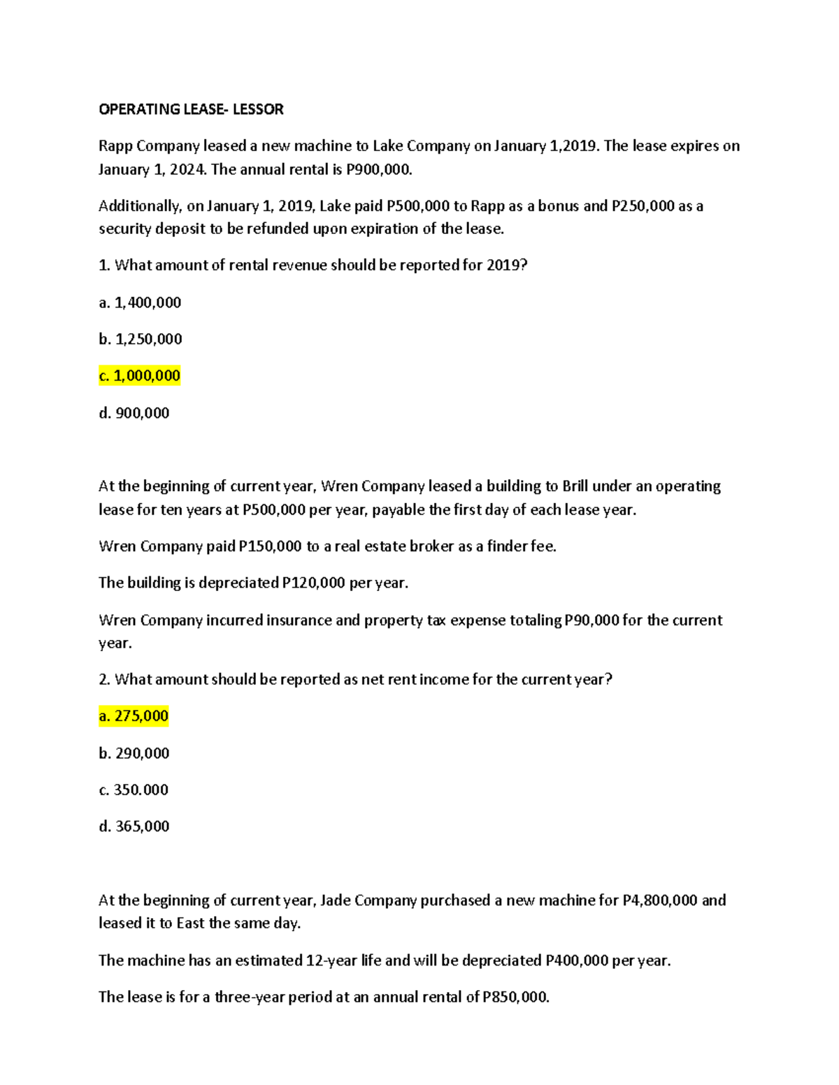 Operating Lease Cases Study 1-6: Rental Revenue Calculations - Studocu