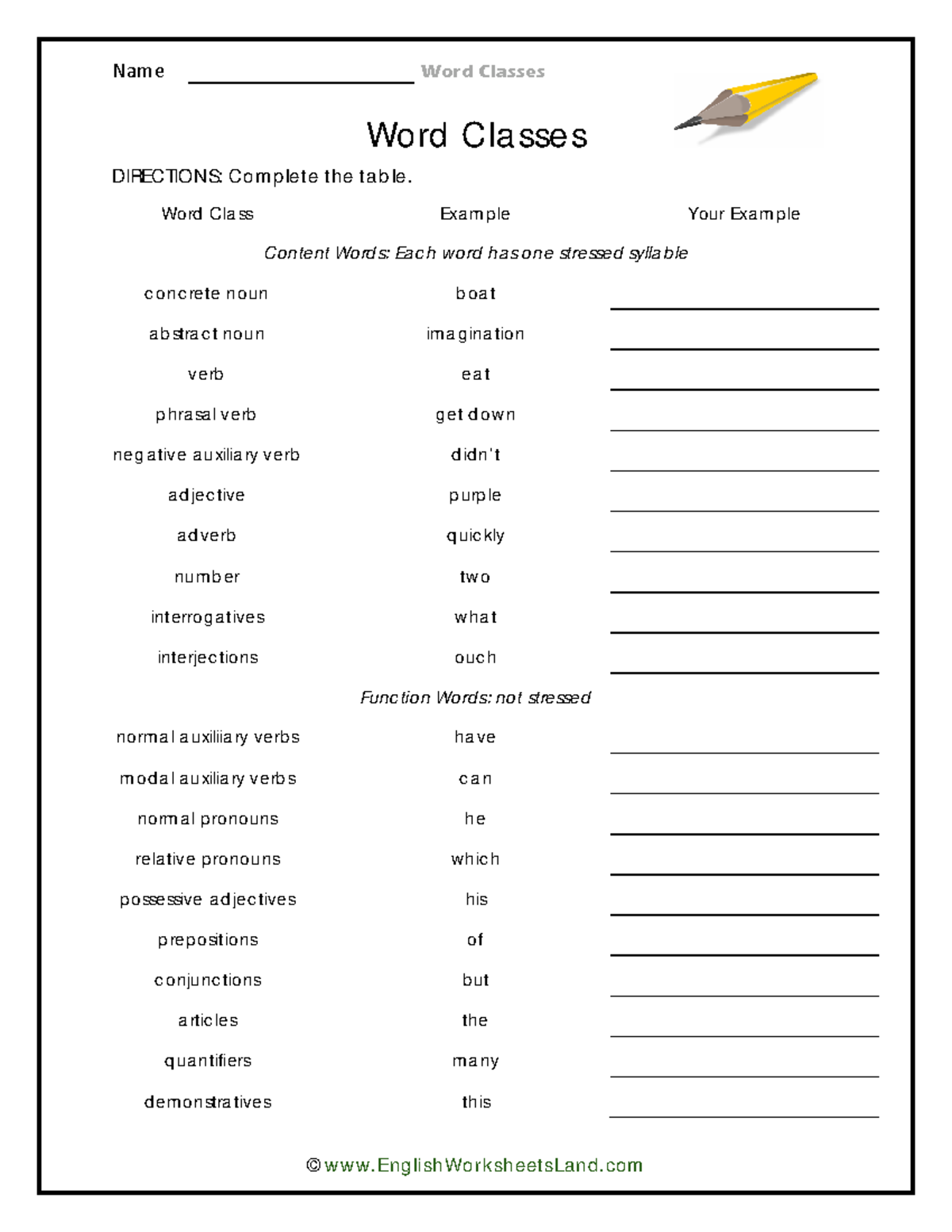 A1 - Worksheets - Name Word Classes ©EnglishWorksheetsLand Word Classes ...