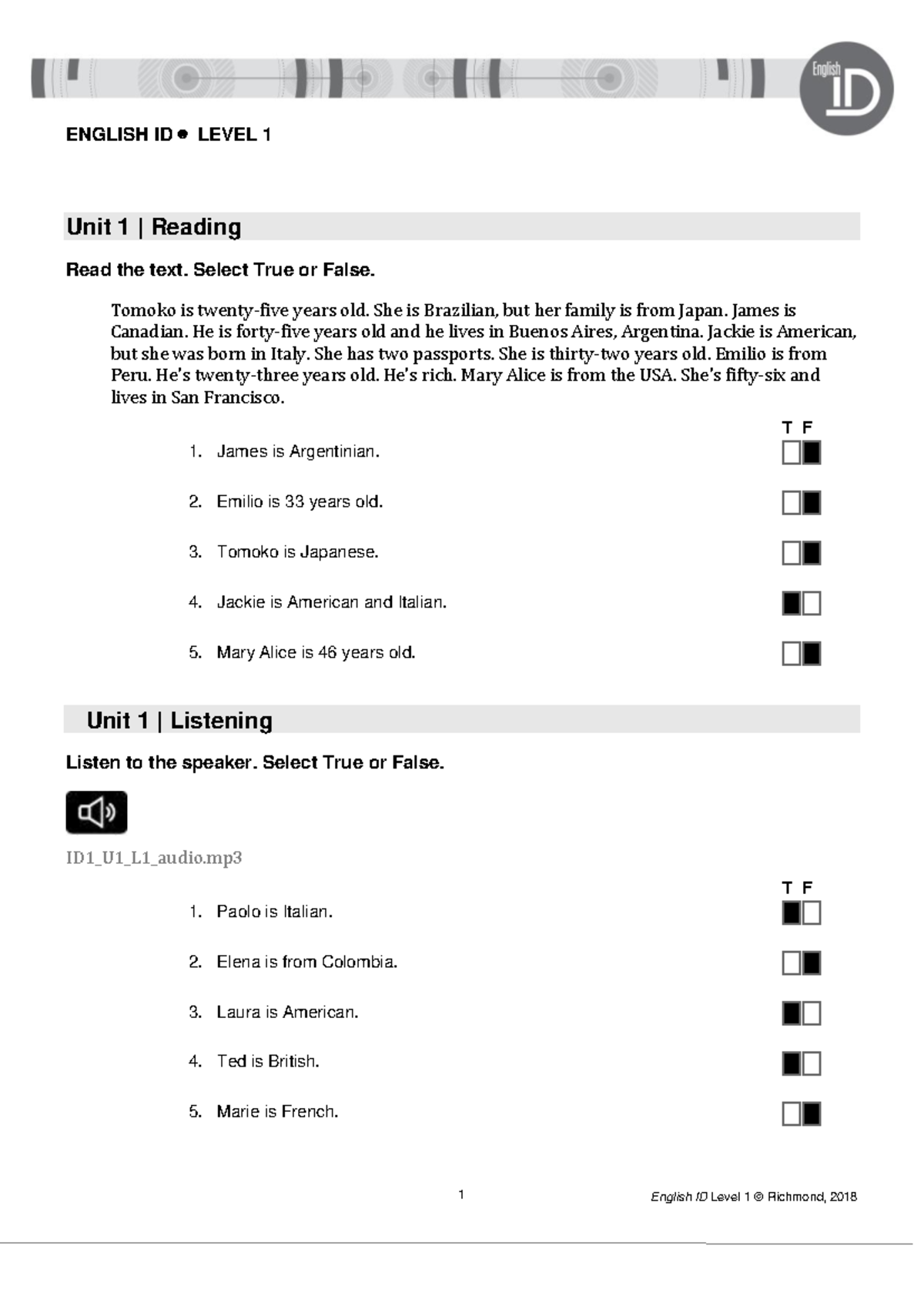 Eng ID1 Unit 1 Reading, Listening, Grammar & Vocabulary Exercises - Studocu
