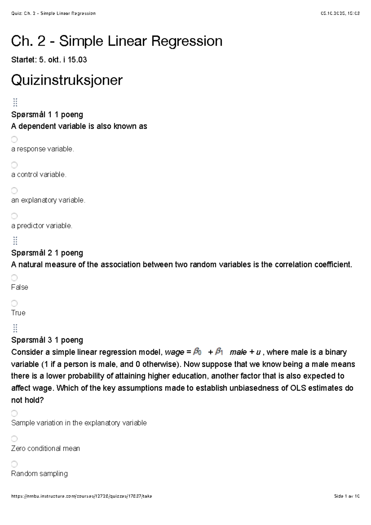 Quiz: Ch. 2 - Simple Linear Regression Insights and Questions - Studocu