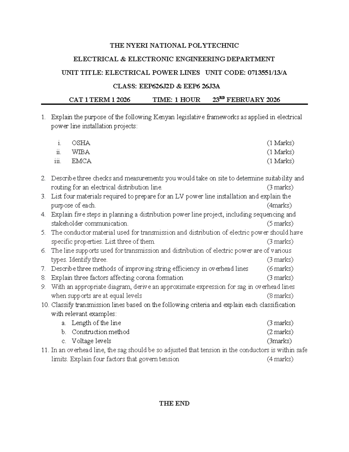 CAT 1 2026 EEP626J2D Electrical Power Lines Exam Notes - Studocu