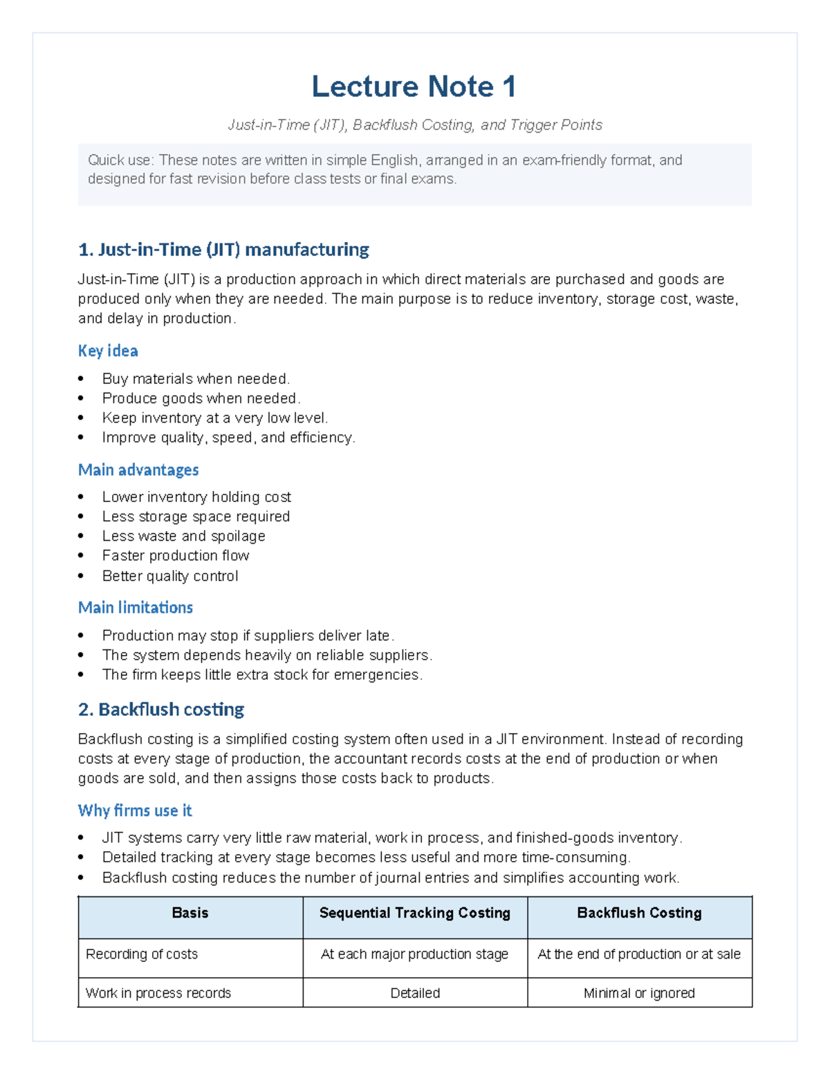 Lecture Note 1: JIT, Backflush Costing & Trigger Points Overview - Studocu