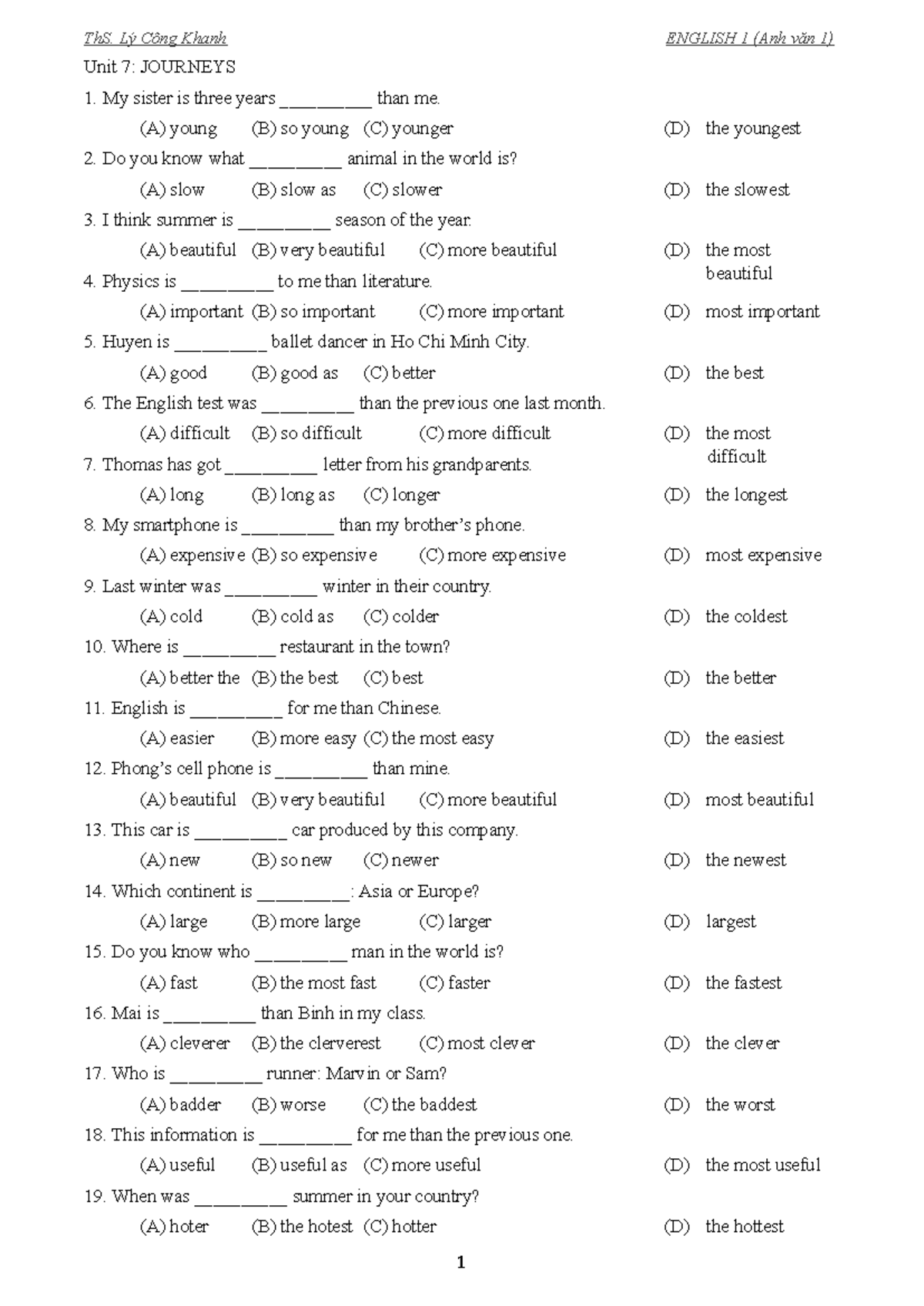 AV Chương 7 - English 1 (Anh văn 1) Unit 7: Comparative Adjectives ...