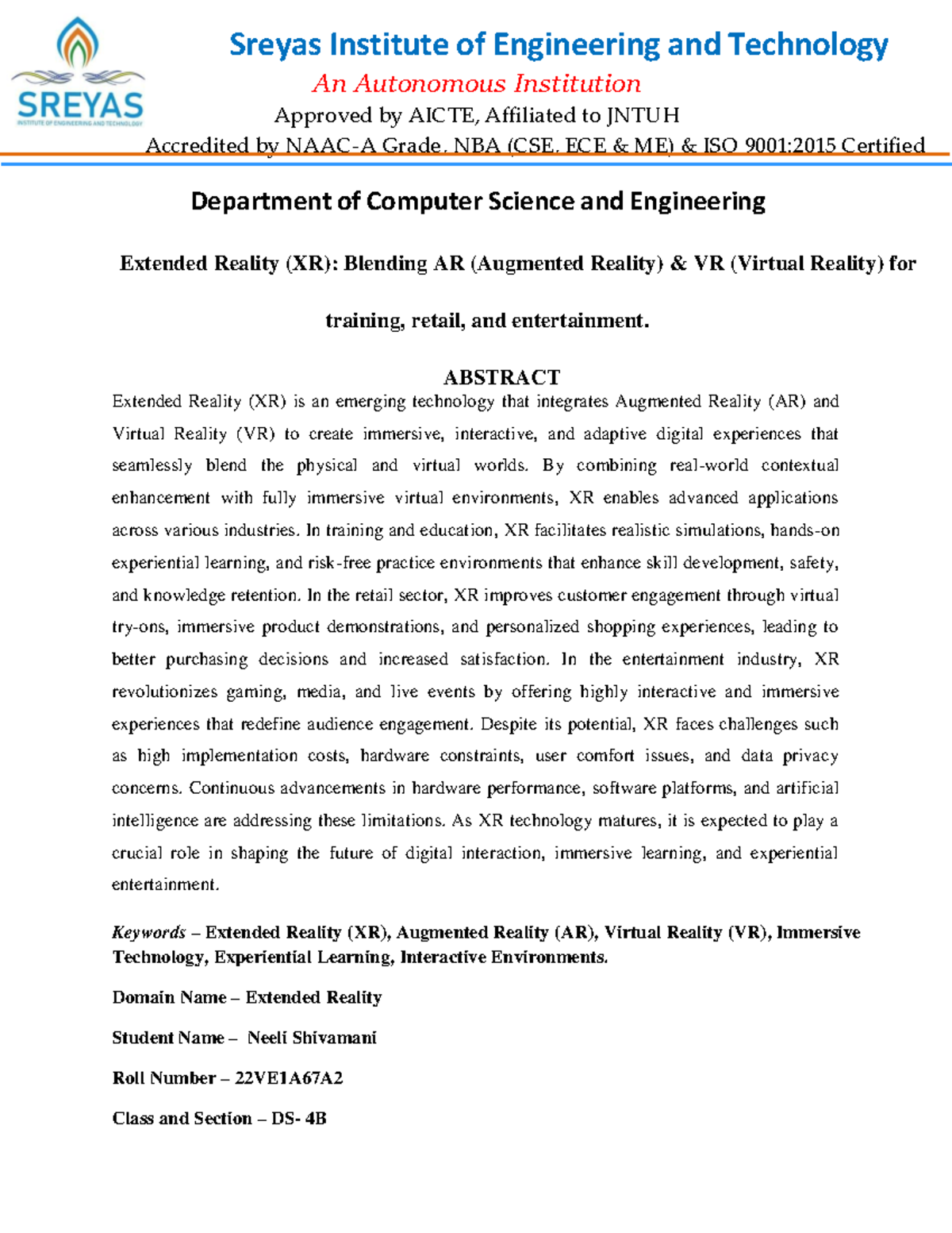 Technical Seminar Abstract on XR: AR & VR Integration (CSE 67B2) - Studocu
