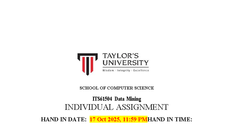 ITS61504 Data Mining Assignment 1: Case Study on Data Techniques - Studocu