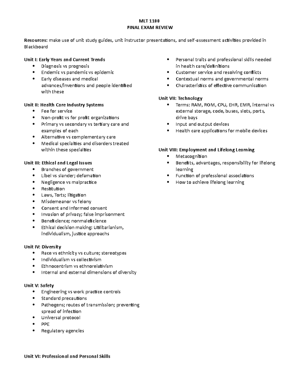 MLT 1100 Final Exam Review: Key Topics and Concepts - Studocu
