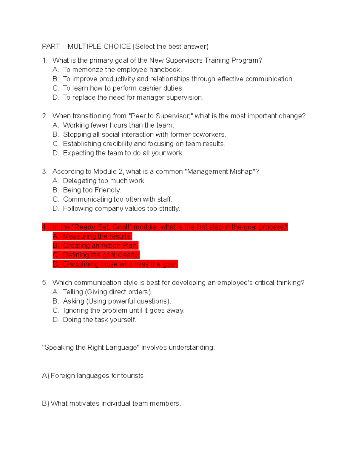 Supervisor Training Post-Test: Multiple Choice & Short Answer - Studocu