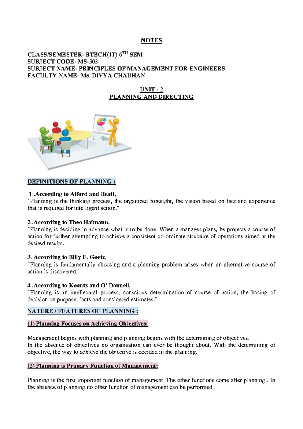 UNIT-2 PME Notes for BTech(IT) 6th Sem: Planning & Directing - Studocu