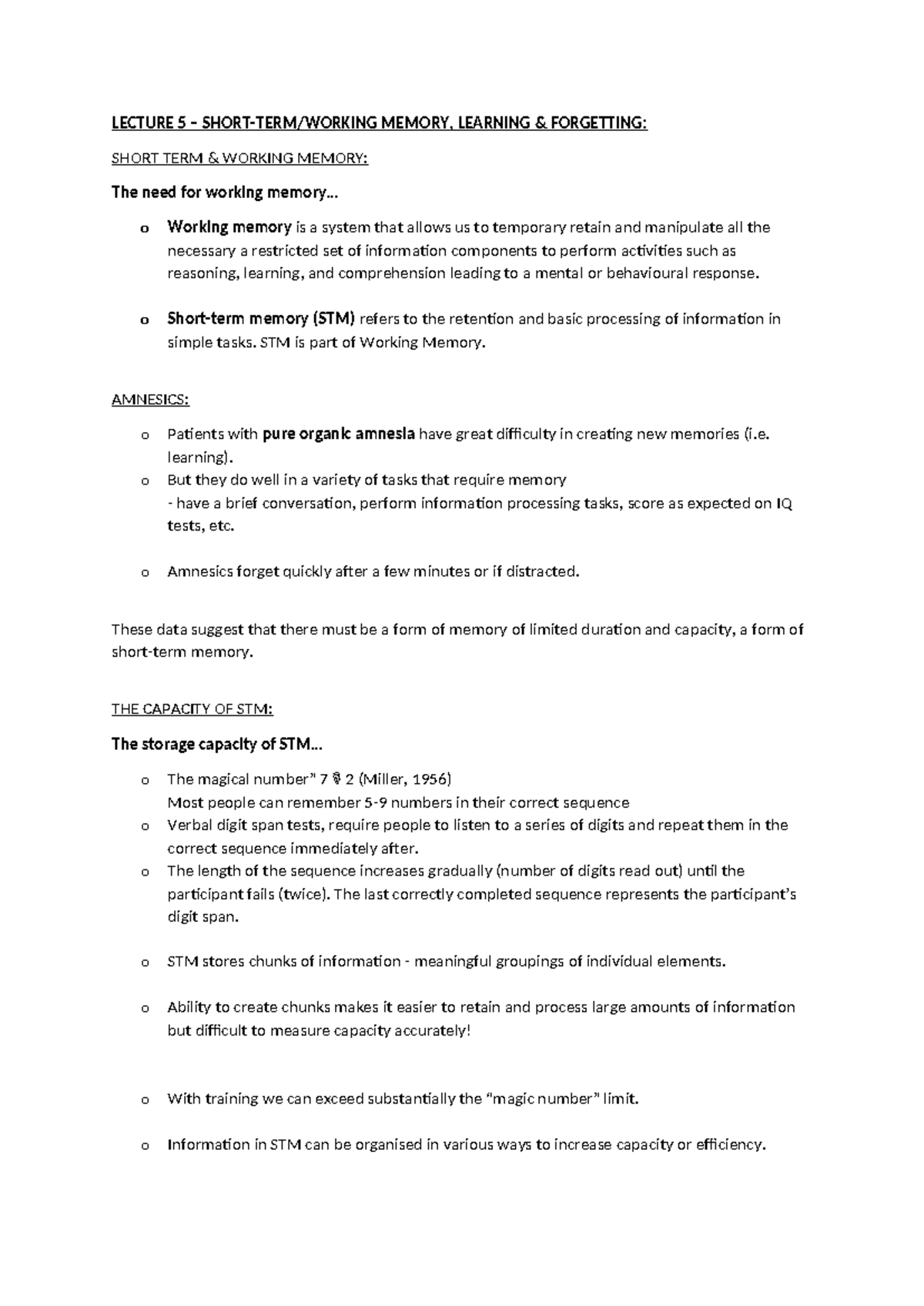 Lecture 5 - short term and working memory - LECTURE 5 – SHORT-TERM ...