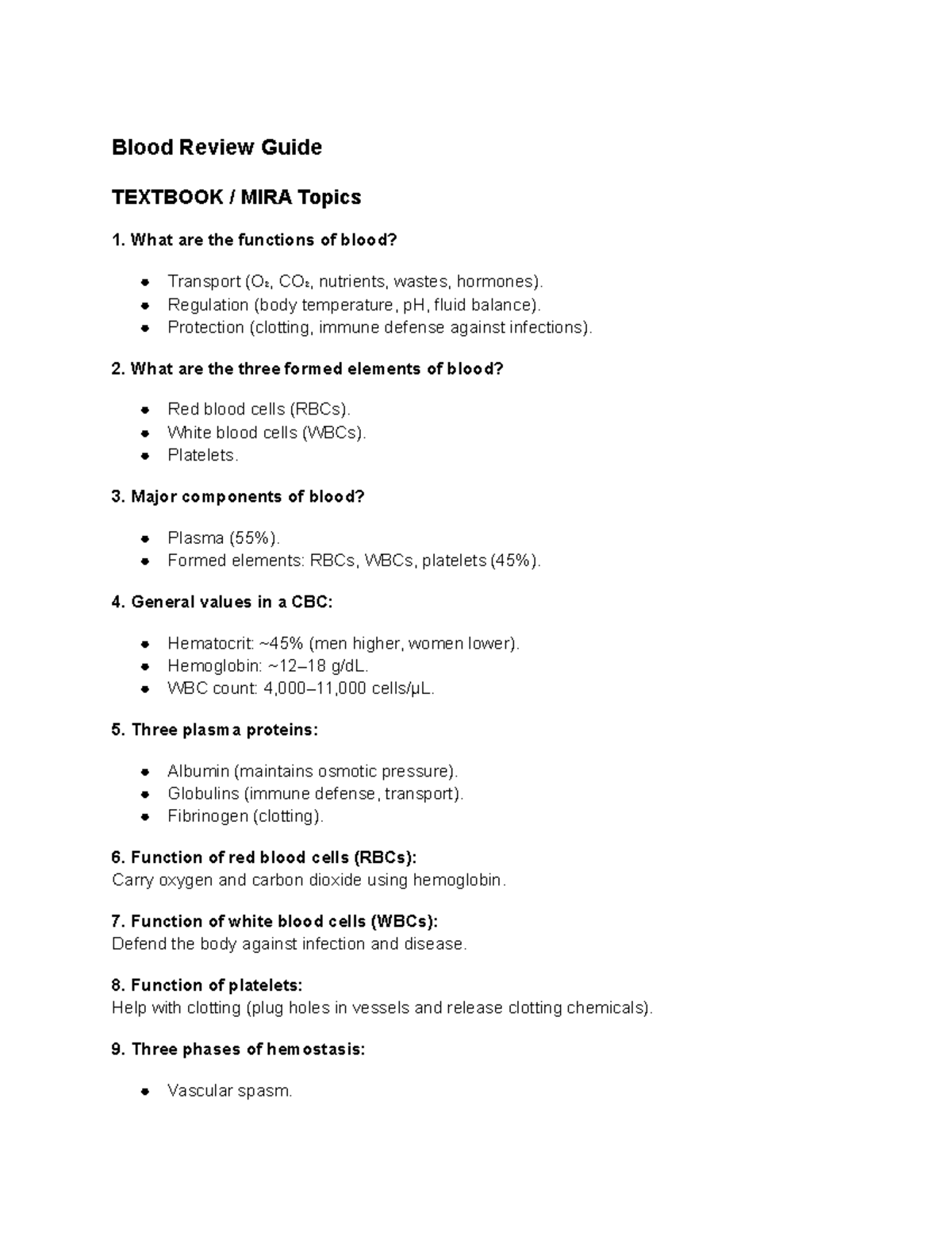 Blood Review Guide: Functions, Components, and Hemostasis Concepts ...