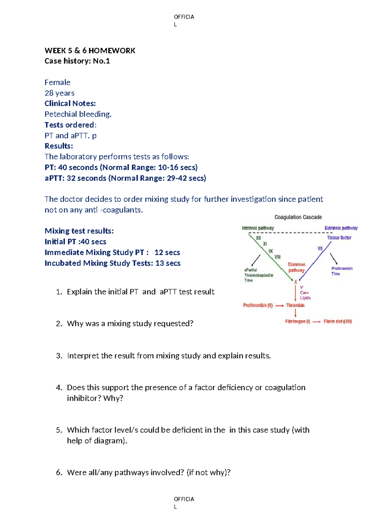 OFFICIAL WEEK 5 COAGULATION HOMEWORK Case Study Analysis - Studocu