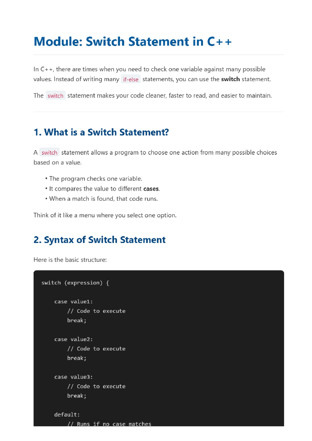 C- Switch Statement Module: Understanding Syntax and Usage - Studocu
