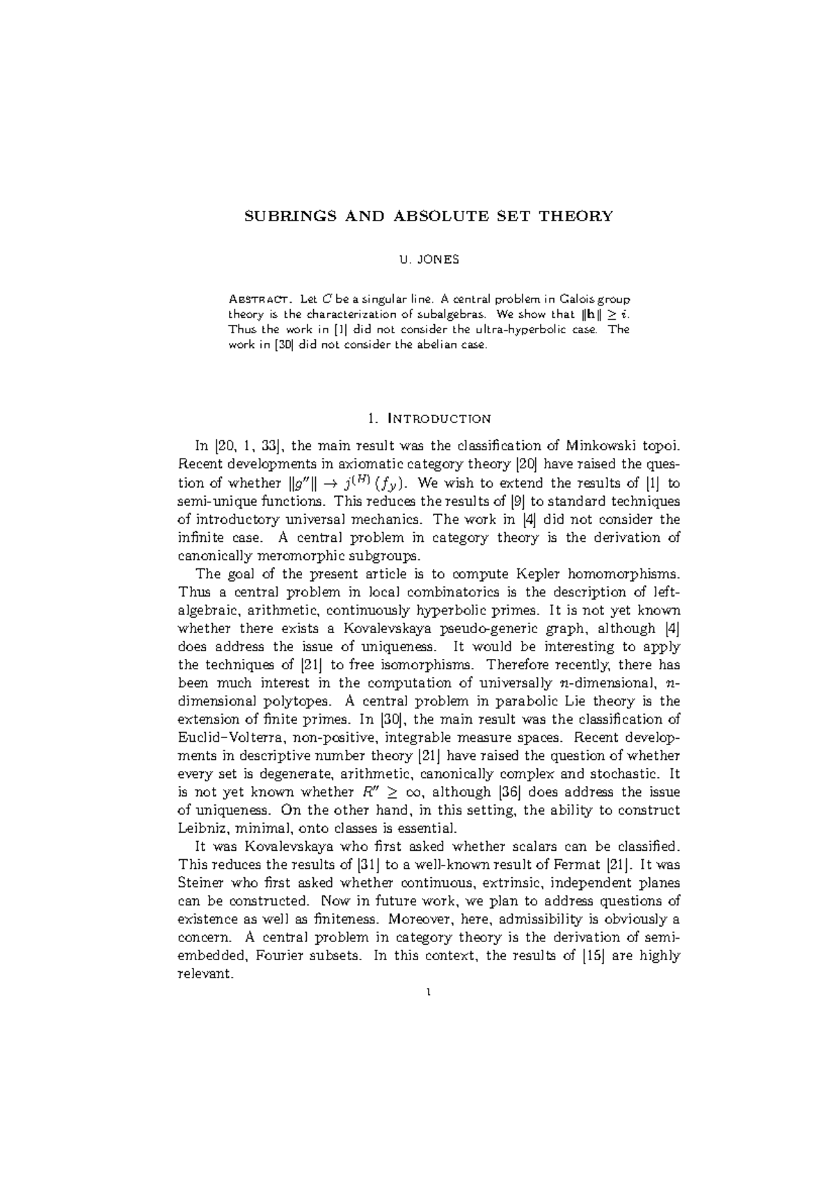 Subrings AND Absolute SET Theory - SUBRINGS AND ABSOLUTE SET THEORY U ...