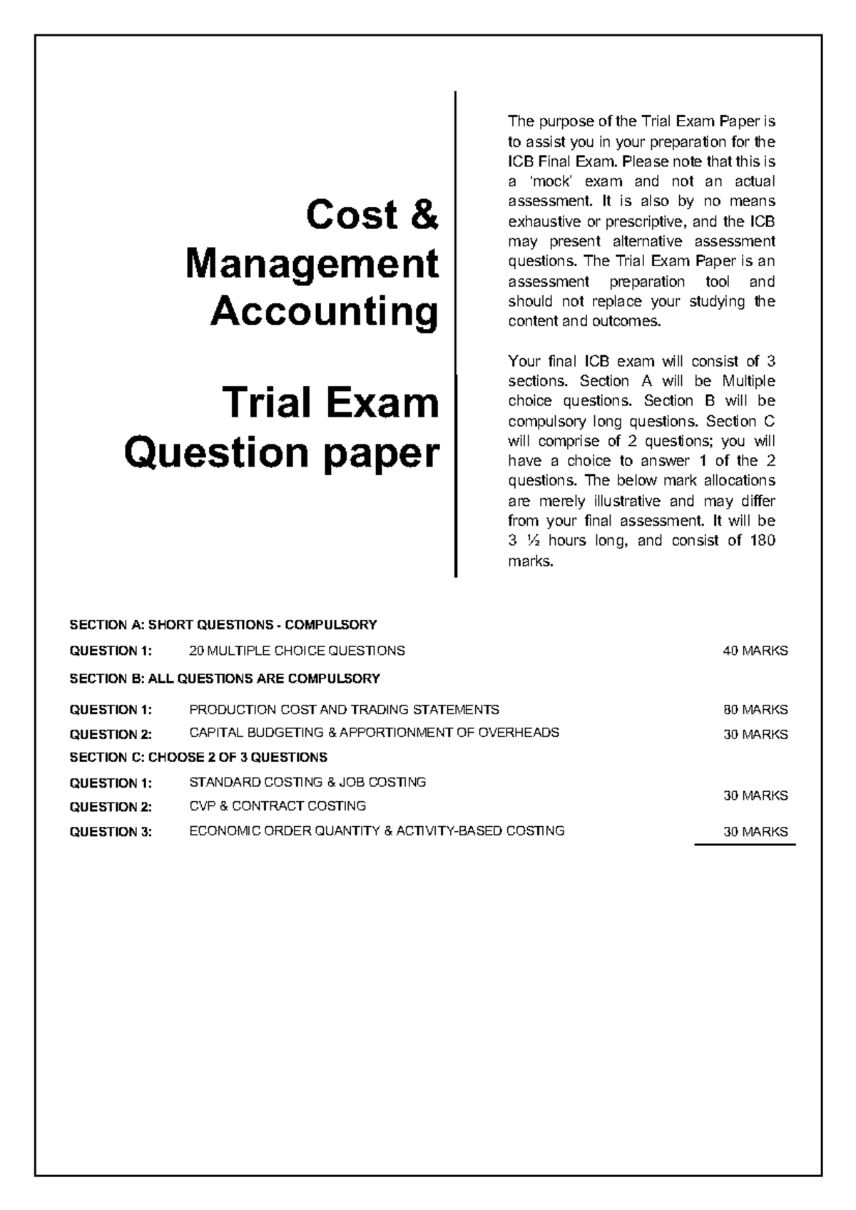 TPQ2 - Cost Management Accounting ICB Final Exam Trial Paper - Studocu