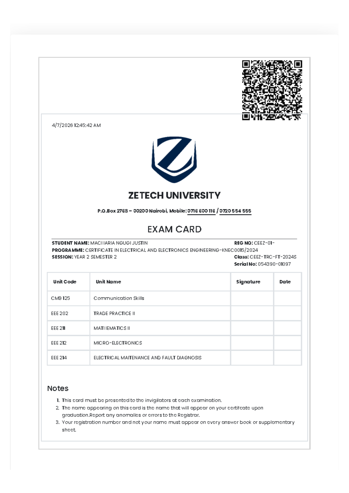 Zetech University Exam Card: Certificate in Electrical & Electronics ...