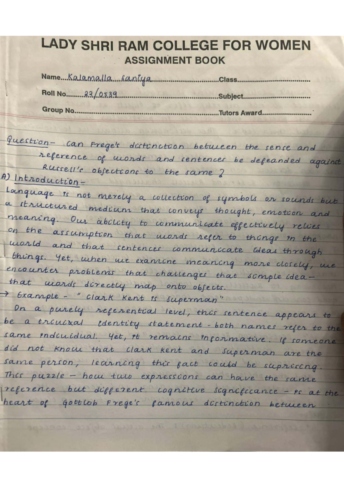 LADY SHRI RAM COLLEGE FOR WOMEN ASSIGNMENT: Frege's Sense and Reference ...