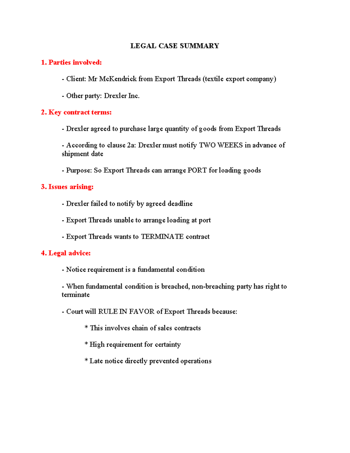 LEGAL CASE SUMMARY U2: Export Threads vs. Drexler Inc. - Studocu