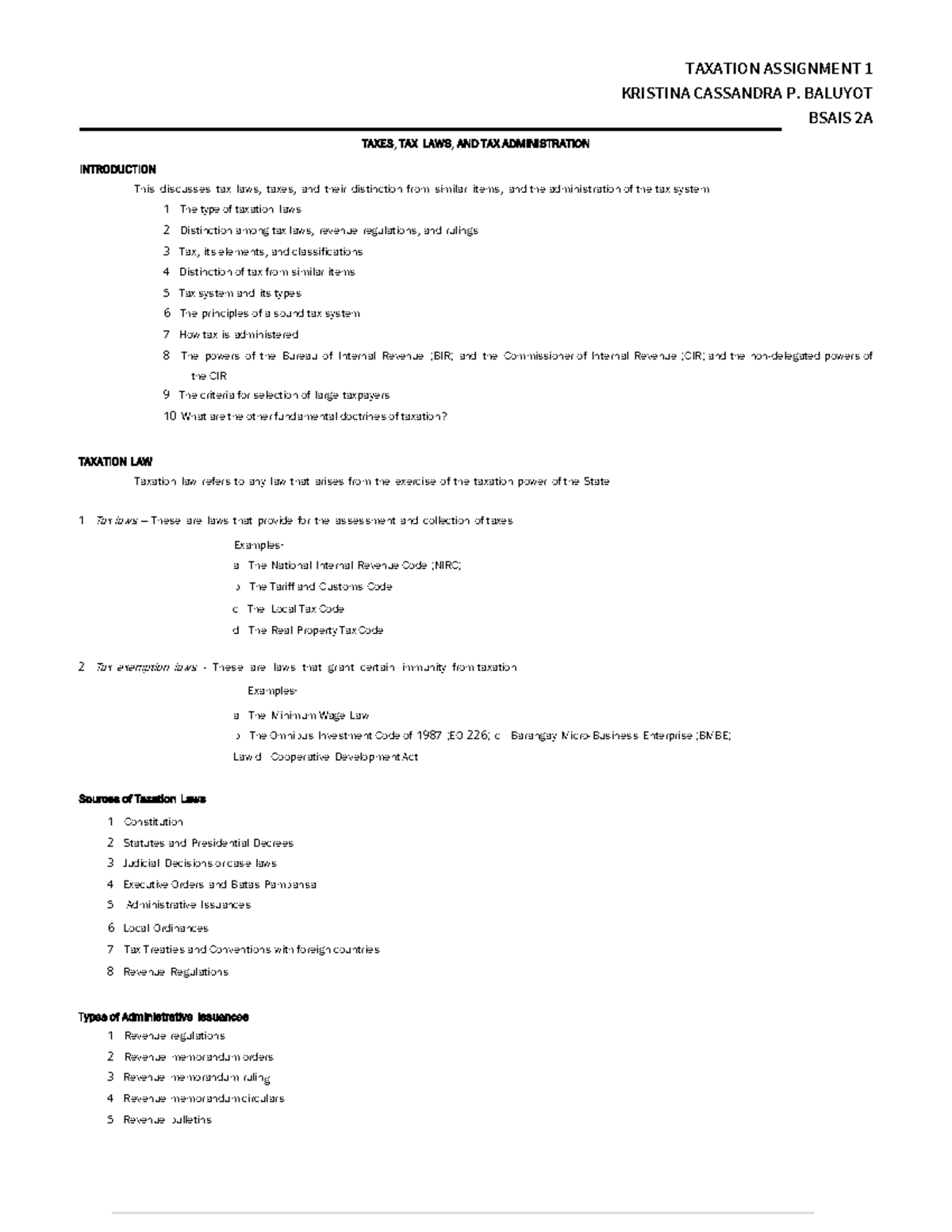 TAXATION ASSIGNMENT 1: TAX LAWS AND ADMINISTRATION OVERVIEW (BSAIS 2A ...