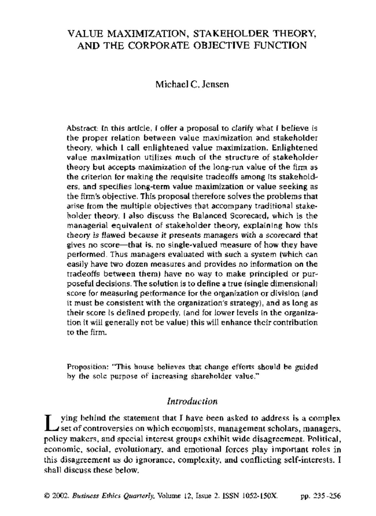 2001 Jensen Value Maximisation,Stakeholder Theory&DCorporate Objective ...