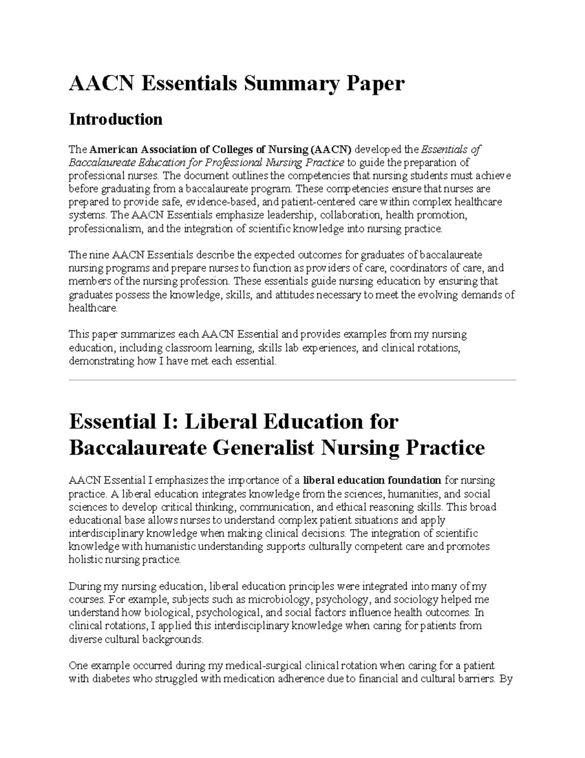 AACN Essentials Summary Paper: Competencies for Nursing Practice - Studocu