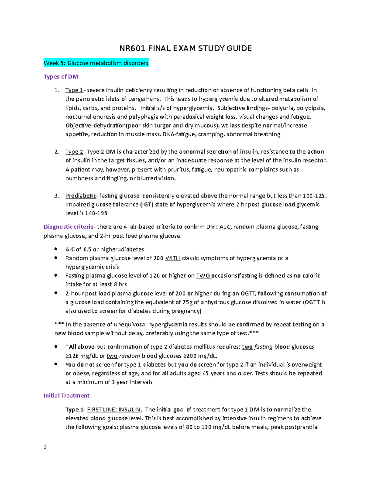 NR601 Final Exam Study Guide: Diabetes & Treatment Overview - Studocu