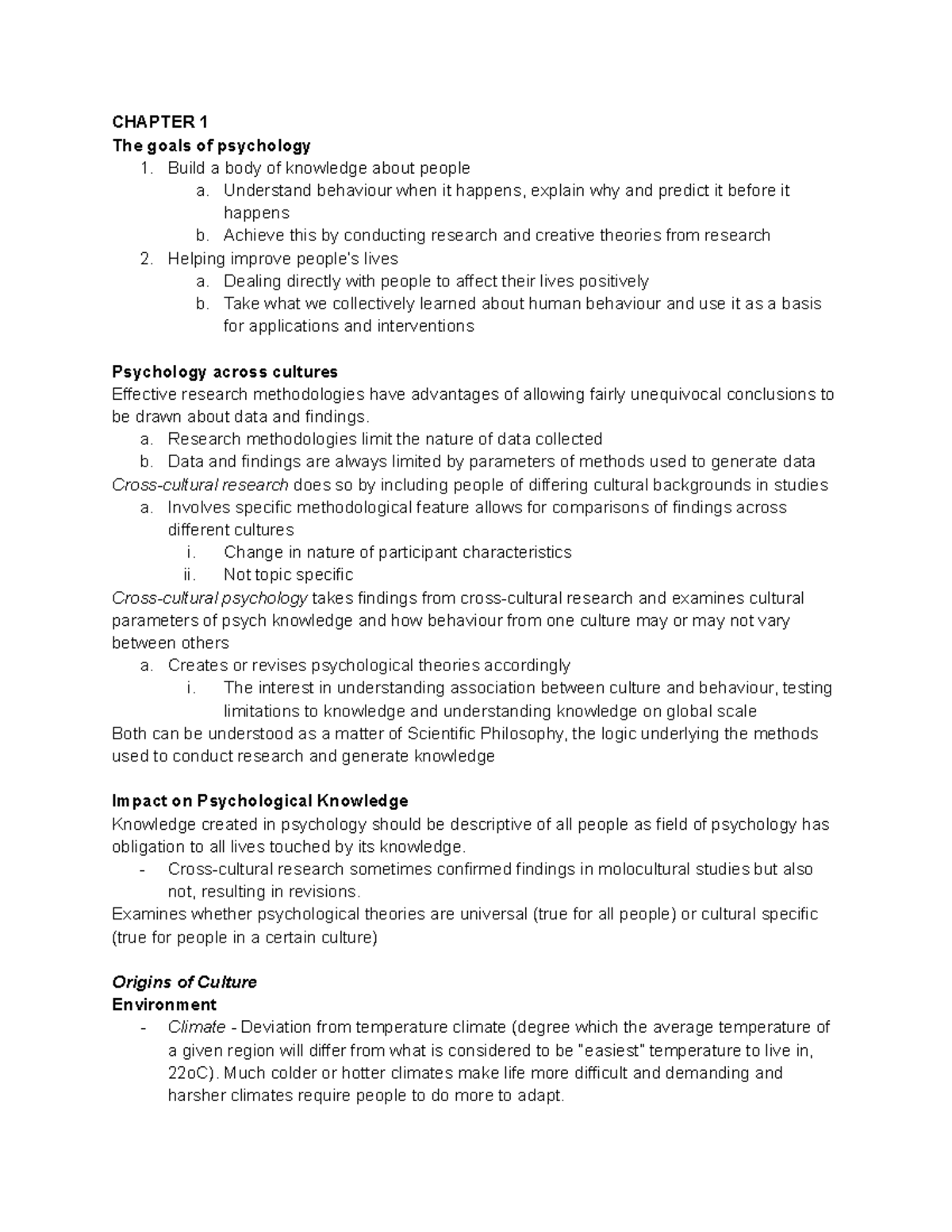 PSY101 Chapter 1 & 2: Understanding Psychology Across Cultures - Studocu