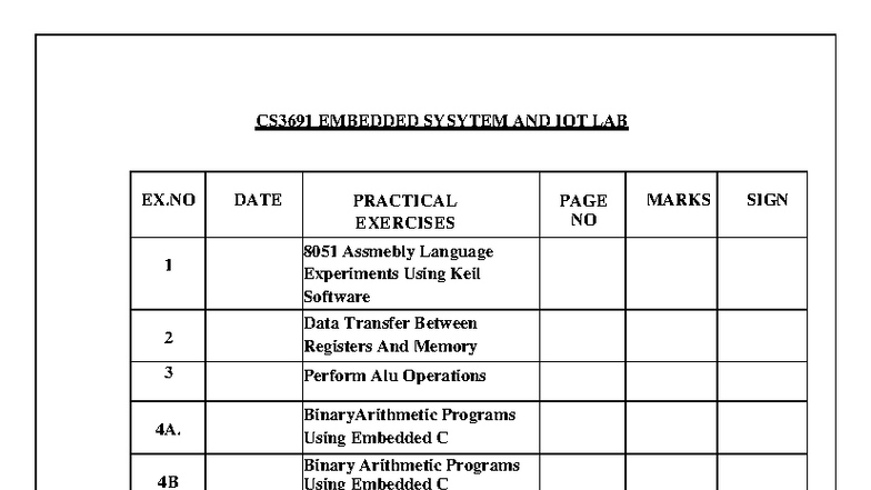 CS3691 EMBEDDED SYSTEMS & IOT LAB FINAL EXAM PRACTICAL EXERCISES - Studocu