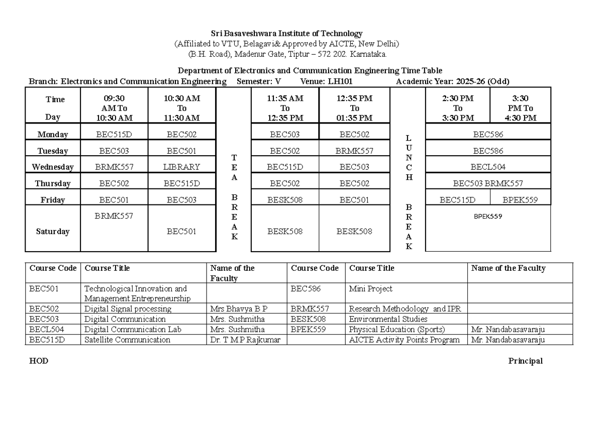 Time Table for 5th Sem ECE (BEC) - Academic Year 2025-26 - Studocu