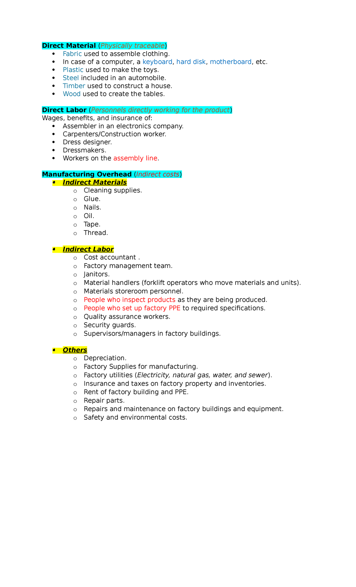 DM, DL, OH - list of items included/classified as DM/DL/OH - Direct ...