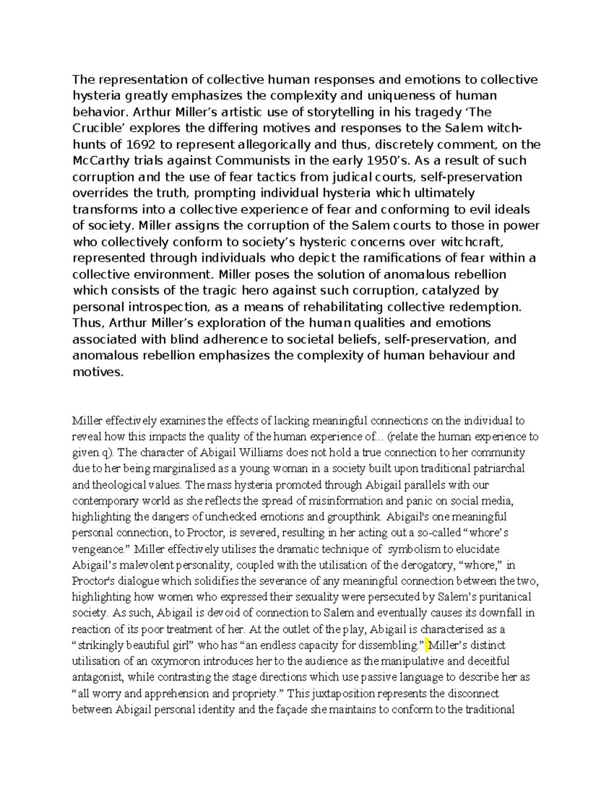 ENG 101: Final Essay on Collective Hysteria in Miller's "The Crucible ...