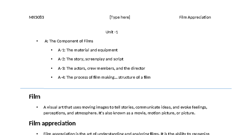 MX3083 Film Appreciation Unit 1: Understanding Film Components and ...