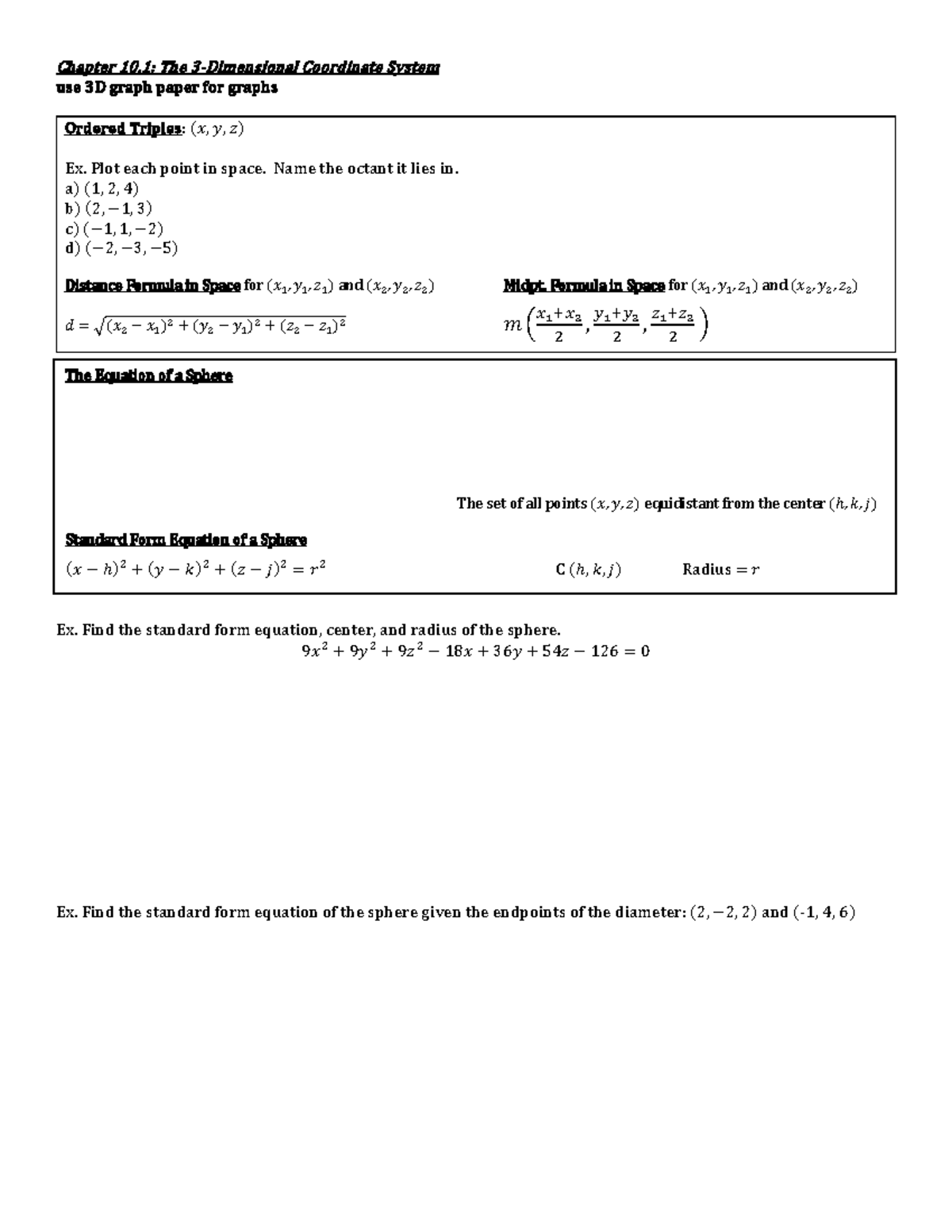 Chapter 10.1: Exploring the 3D Coordinate System and Sphere Equations ...