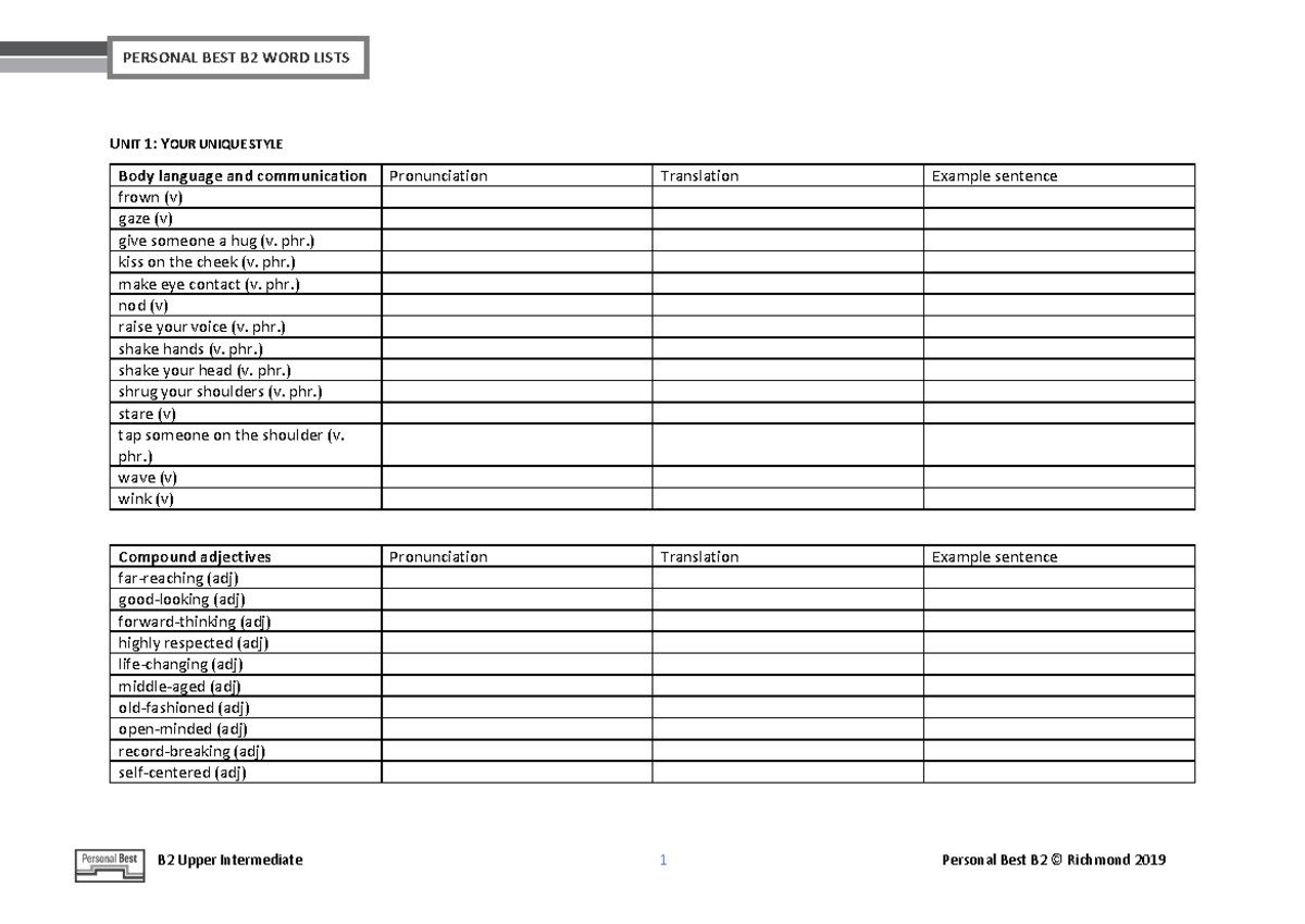 B2 word lists from units 1 to 12: Personal Best - Studocu