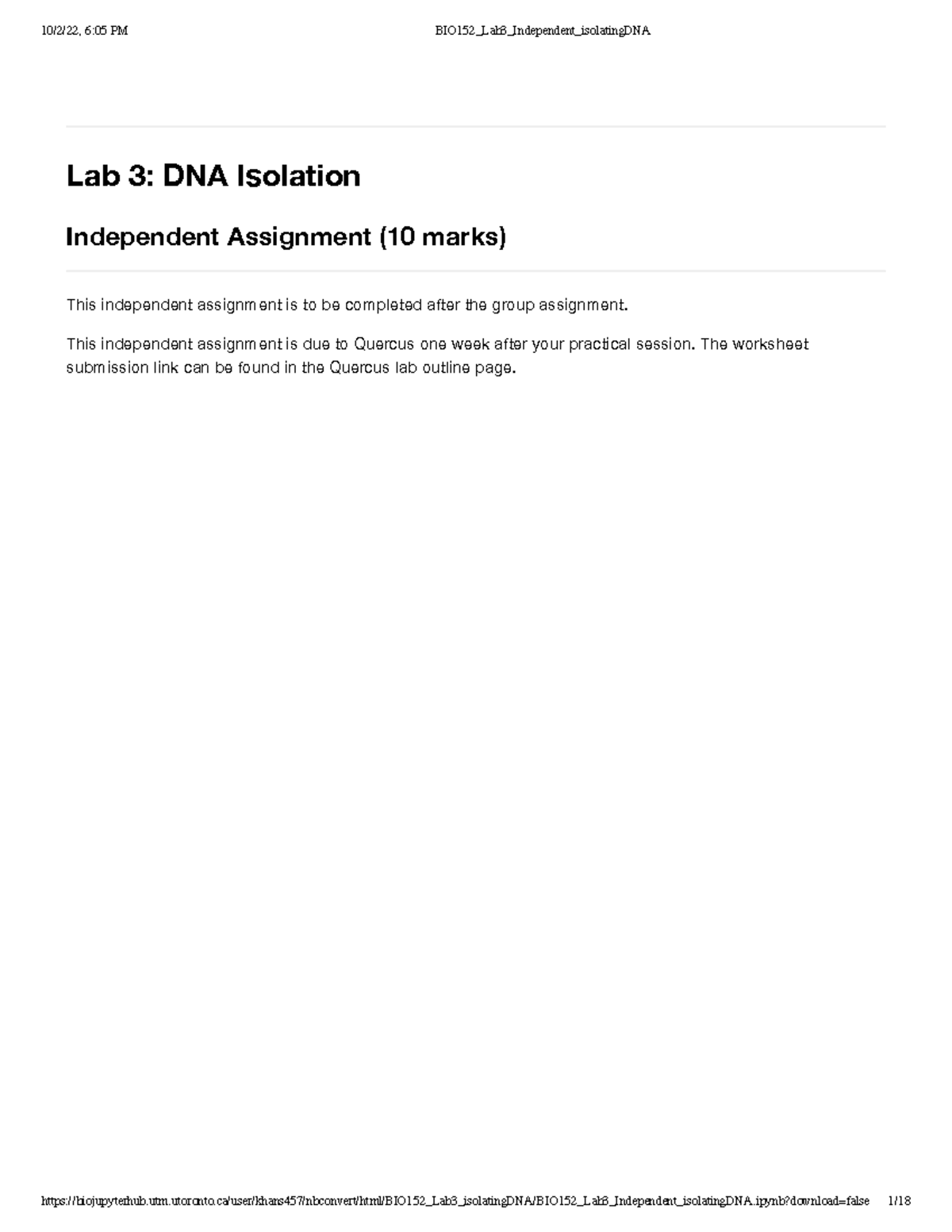 BIO152 Lab 3: Independent DNA Isolation Assignment and Results - Studocu
