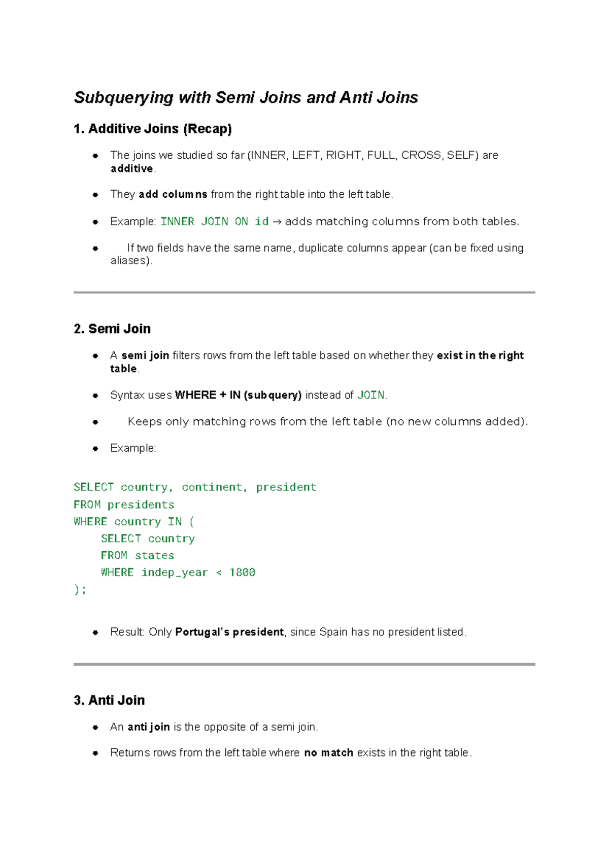 7. Subquerying with Semi Joins and Anti Joins - Lecture Notes - Studocu