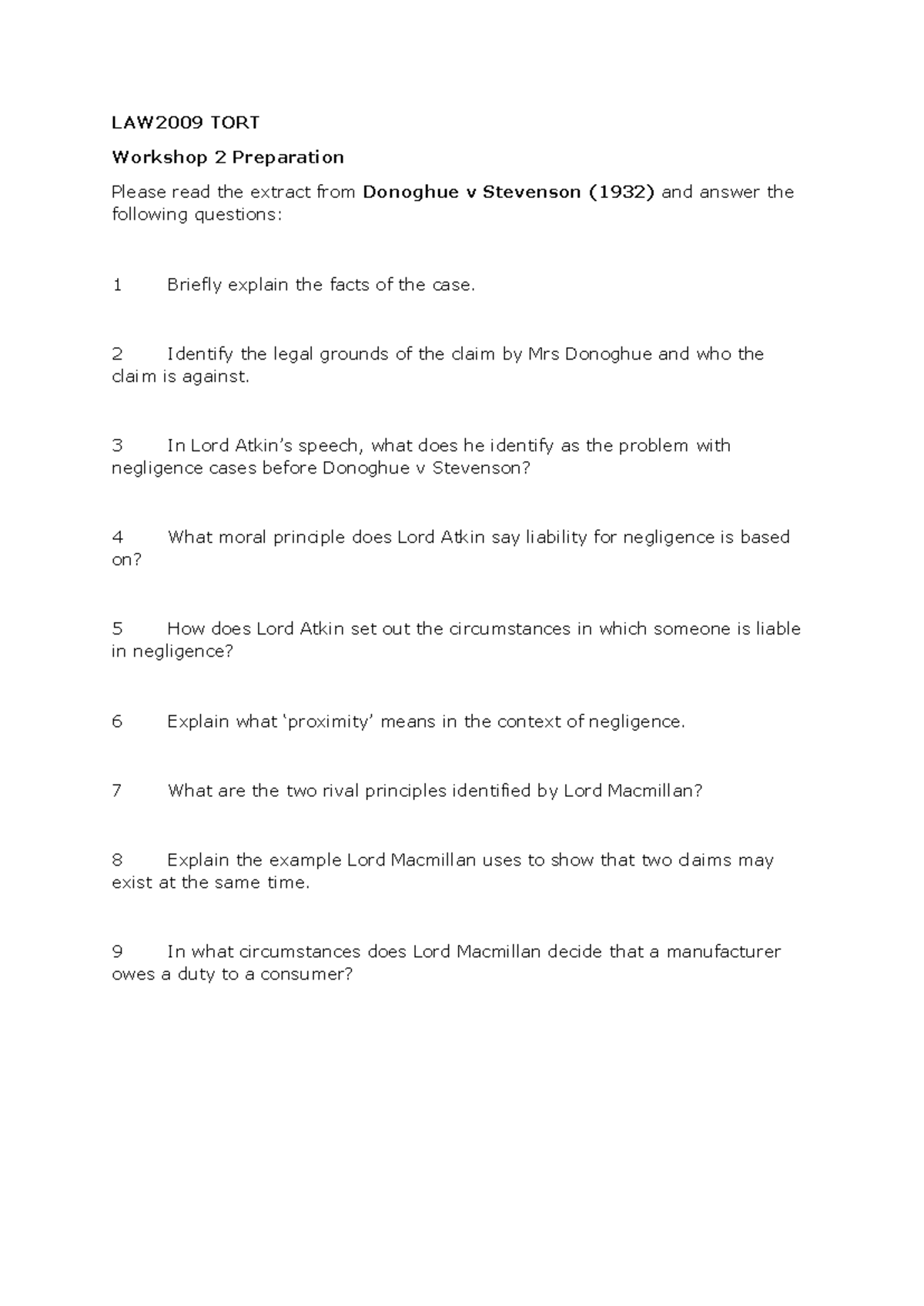 Reading a case - Donoghue v Stevenson - LAW2009 TORT Workshop 2 ...