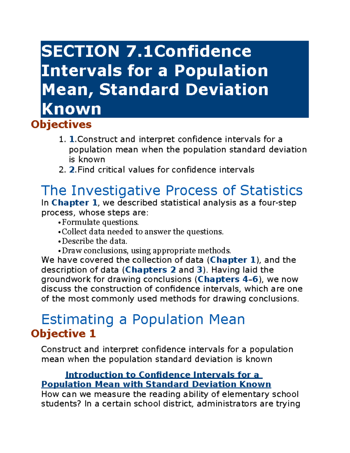 Final Exam Notes: Confidence Intervals for Population Mean (Stats 101 ...