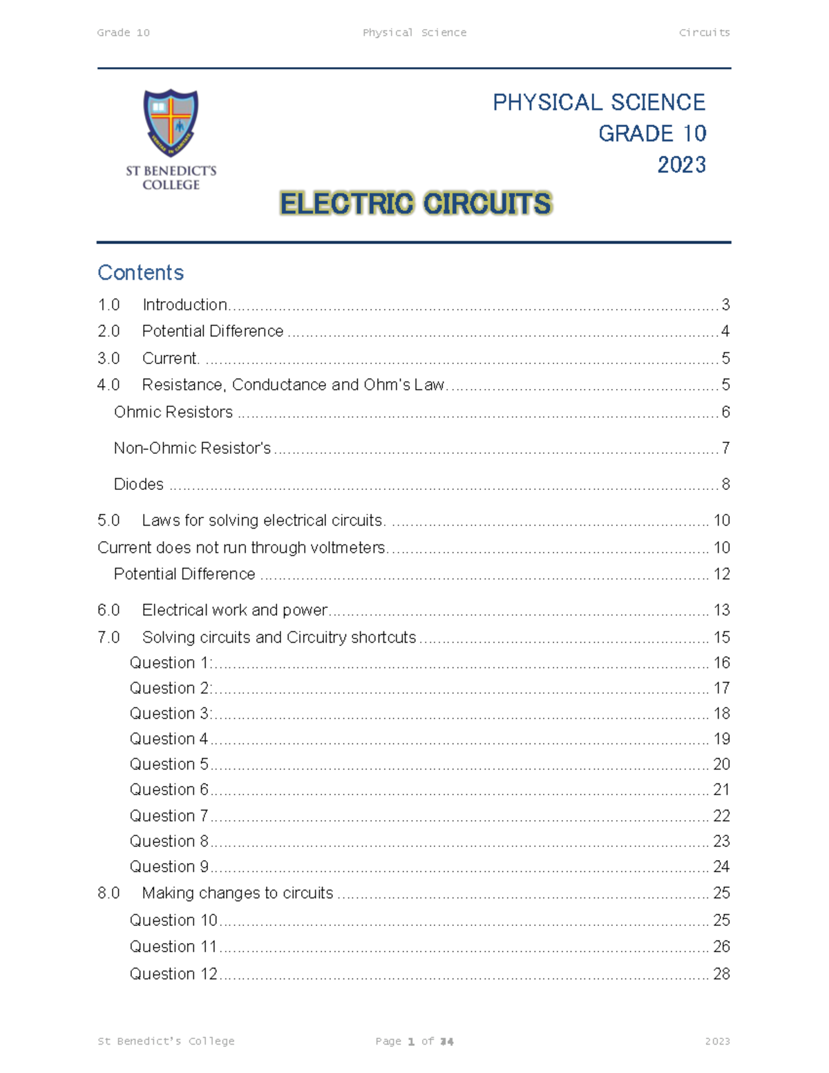 Grade 10 Physical Science: Electric Circuits Notes 2023 - Studocu