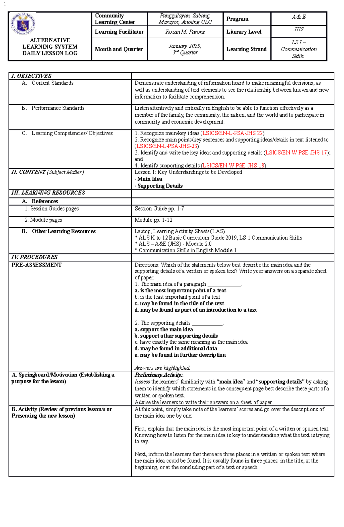 DLL LS1-Module-1-Lesson-1-Main-Ideas-and-Supporting-Details - Studocu