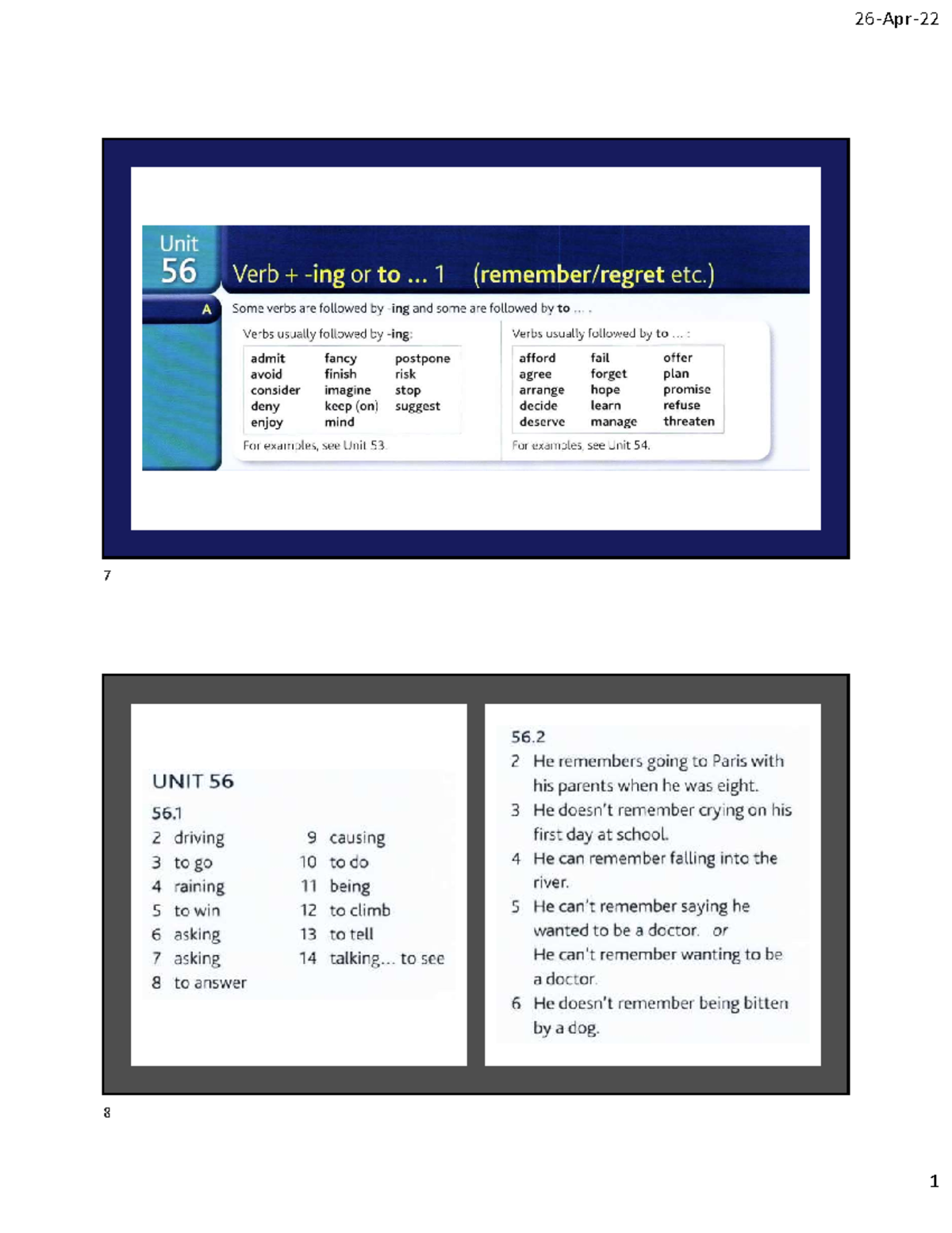 Unit 56: Understanding Verb Patterns -ing or to V Key - Studocu