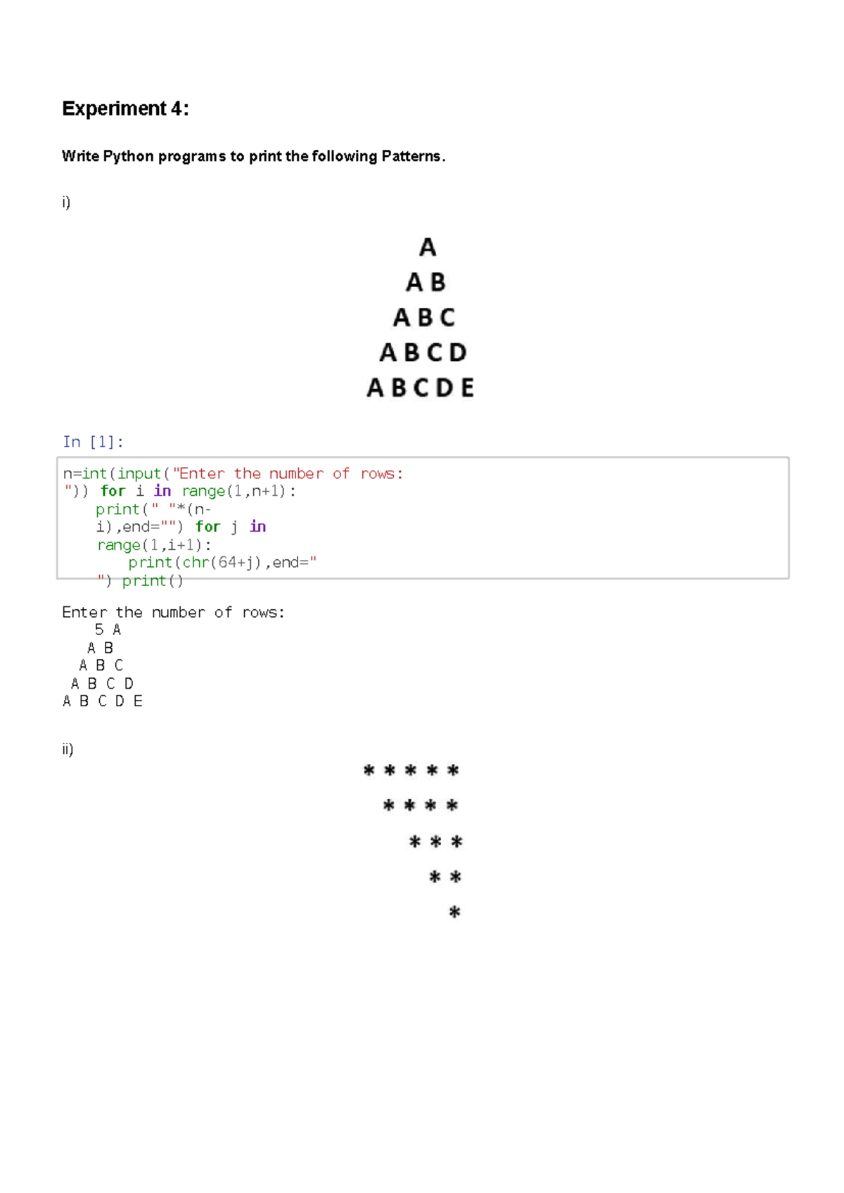 Experiment 4 - Python Programs for Pattern Printing Patterns - Studocu