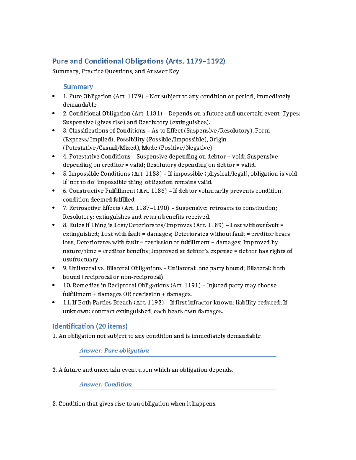 Pure and Conditional Obligations (Summary & Practice Qs) - Studocu