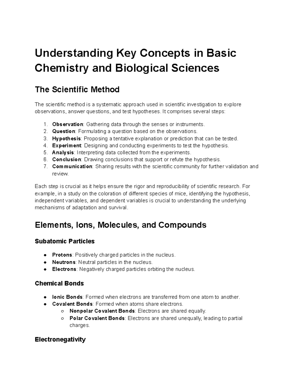 Biology 1107 Final Exam Study Guide: Key Concepts in Chemistry ...