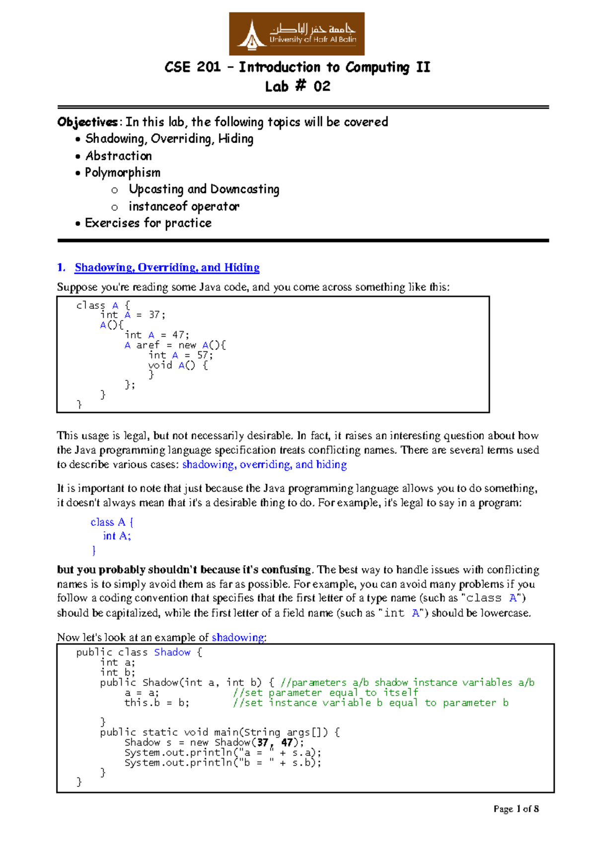 CSE 201 - Lab 02: Exploring Polymorphism and Abstraction in Java - Studocu