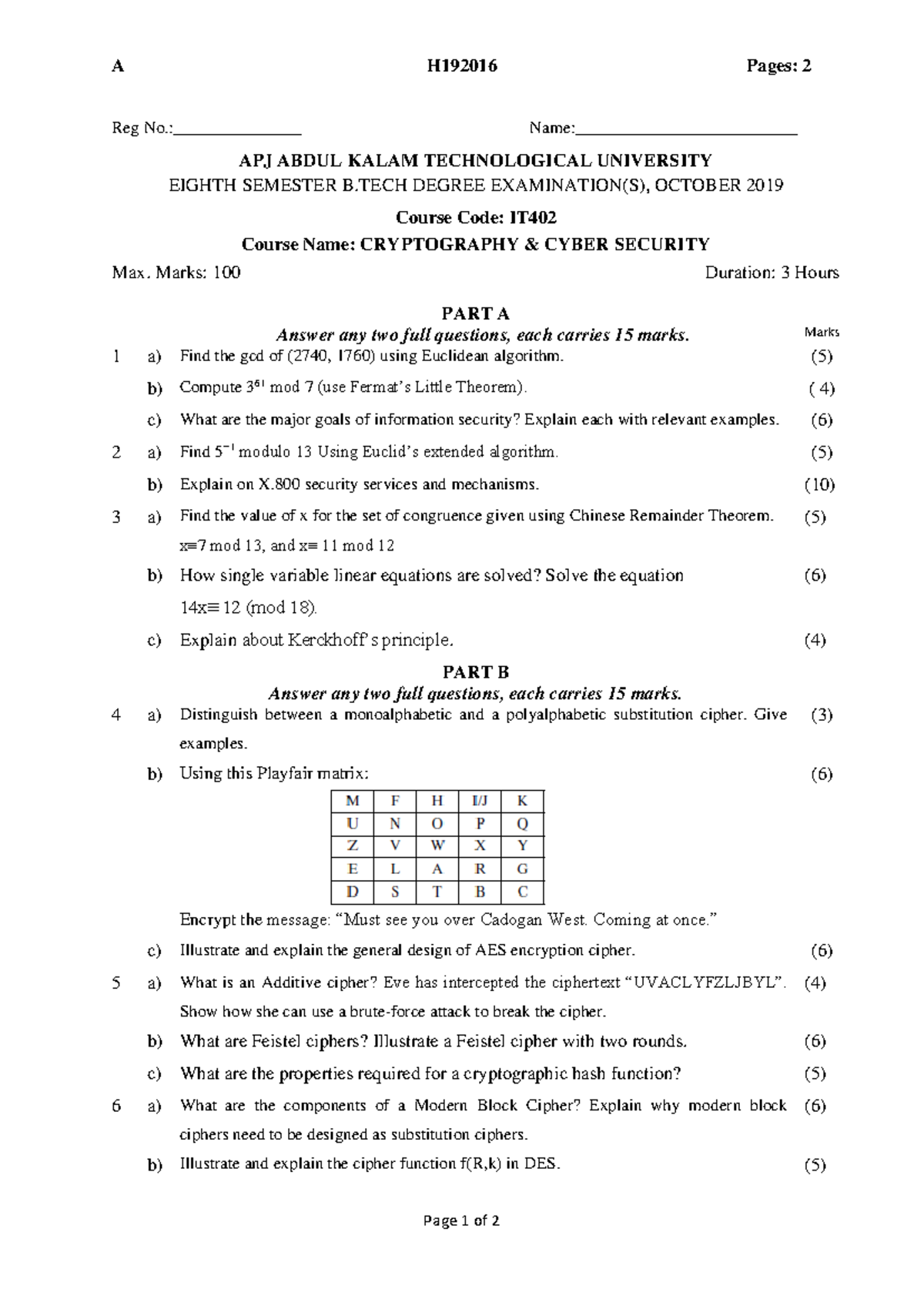 IT 402: Cryptography & Cyber Security Exam Prep - Oct 2019 - Document Preview