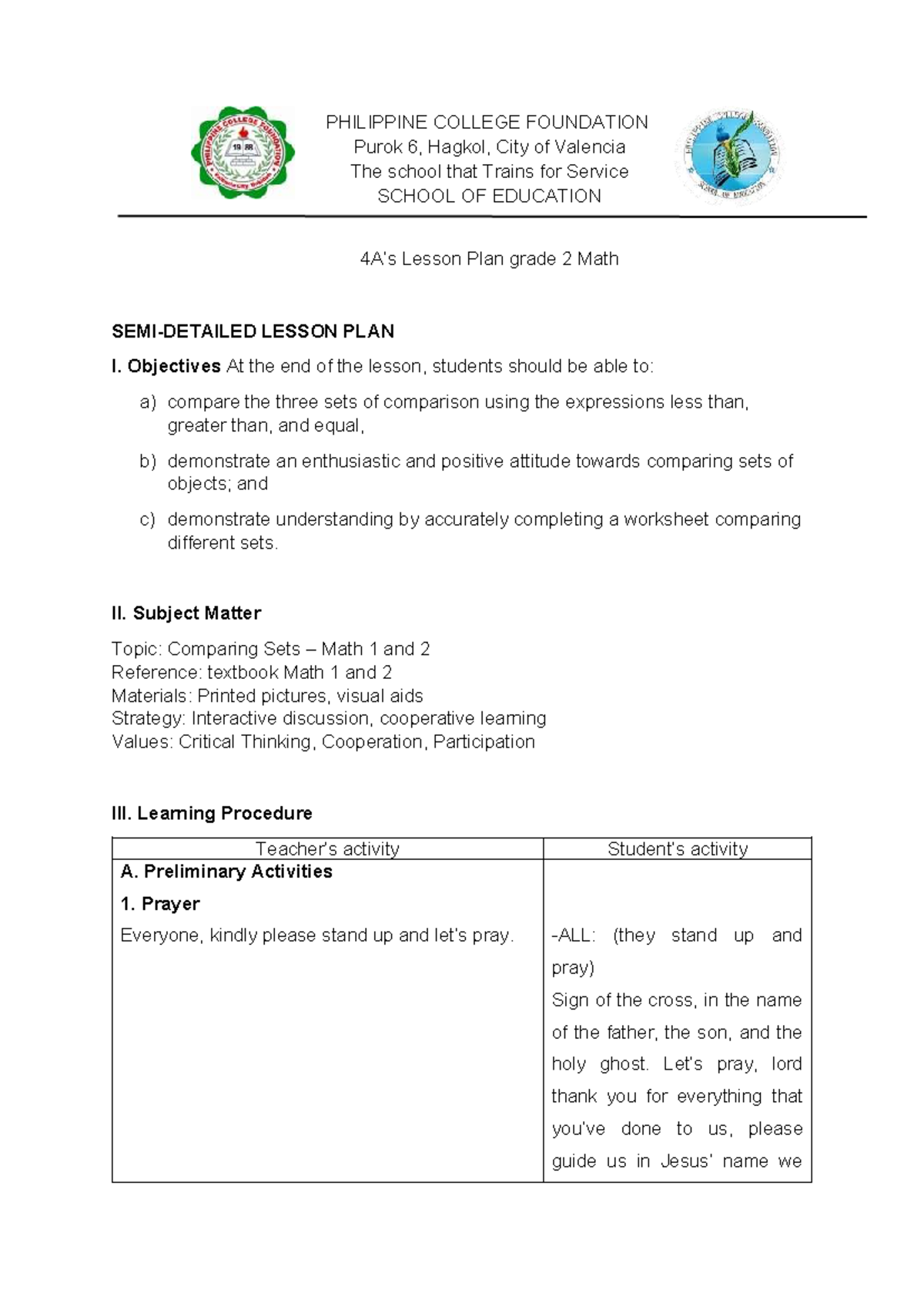 Grade 1 & 2 Math Final Lesson Plan: Comparing Sets - Studocu
