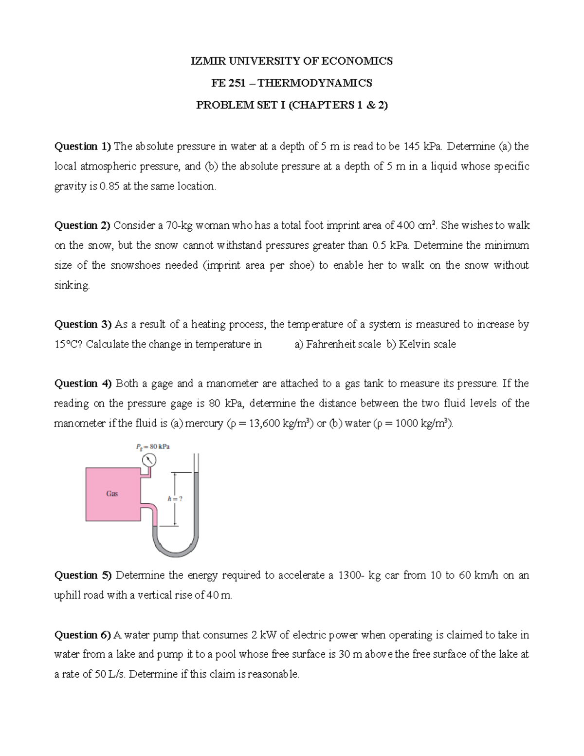 Problem Set I: Thermodynamics (FE 251) - Chapters 1 & 2 Solutions - Studocu