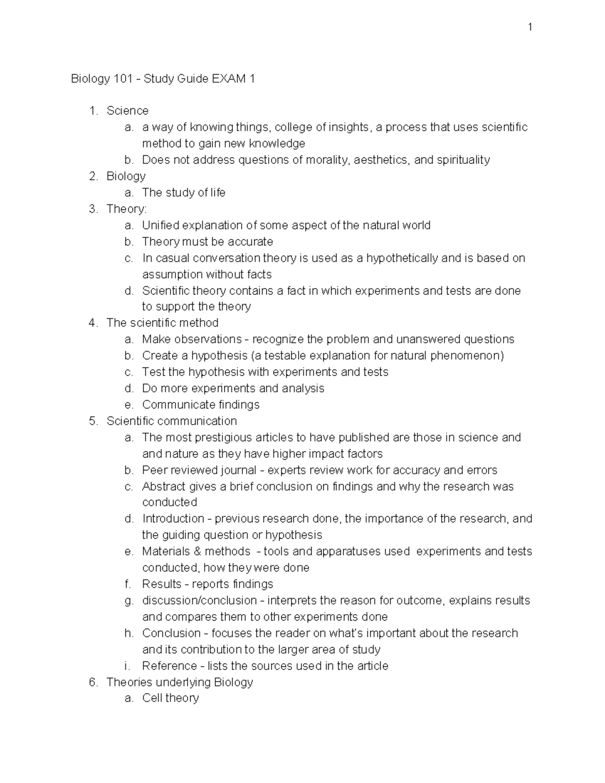 Biology 101 Exam 1 Comprehensive Study Notes and Guide - Studocu