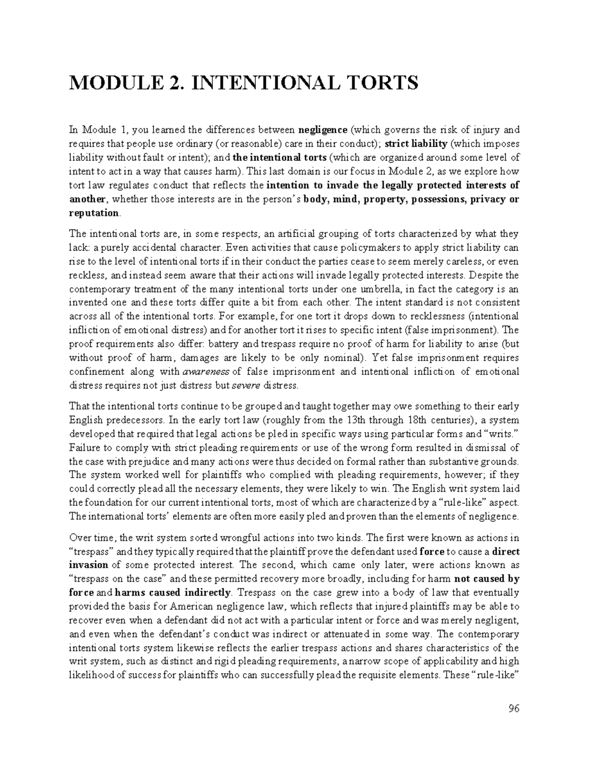 MODULE 2: INTENTIONAL TORTS - Understanding Intent and Liability - Studocu